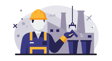 An industrial worker in a hard hat and work uniform stands in front of a factory, illustrating manufacturing and construction concepts.