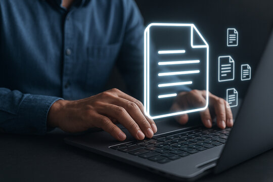 Person typing on laptop with document icons floating above the keyboard in a dark environment