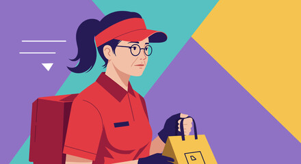 A delivery worker, wearing a visor and carrying a bag, swiftly moves with a food package, set against a colorful geometric background, conveying speed.