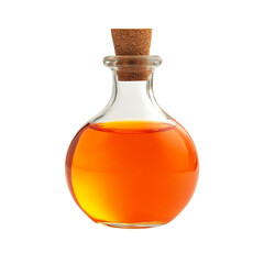 Amber liquid in a round glass bottle with a cork stopper on a black background