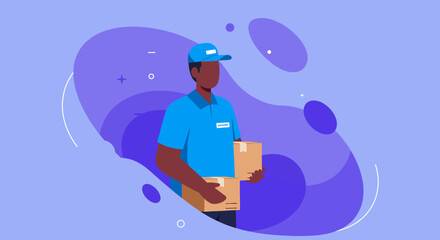 A delivery man in blue uniform is carrying cardboard boxes against an abstract background, representing logistics, shipping, and modern delivery services.