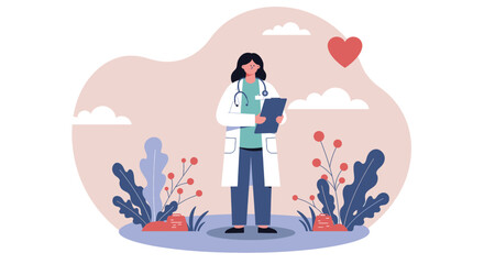 A skilled female doctor in a white coat stands confidently with a clipboard, surrounded by abstract botanical elements and a heart symbol, representing care and wellness.
