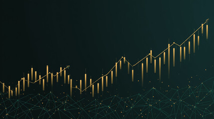 finance Abstract black background  uptrend arrow with candlesticks and bar chart show innovation of economy business statistics with Earth network with glowing nodes and triangle polygon linesIt 