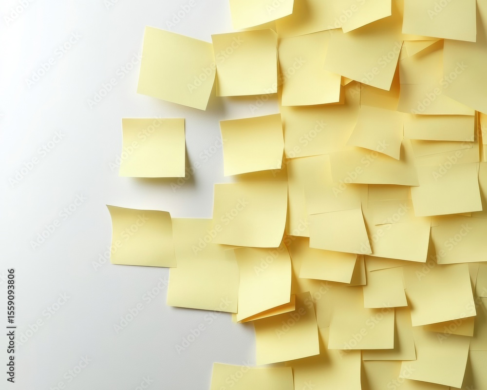 Poster a cluster of blank yellow sticky notes arranged on a white surface, ready to be written on or used f