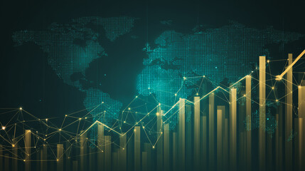 finance Abstract black background  uptrend arrow with candlesticks and bar chart show innovation of economy business statistics with Earth network with glowing nodes and triangle polygon linesIt 