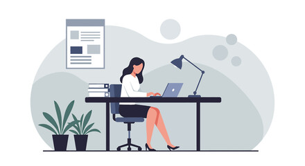 A focused businesswoman works diligently on her laptop at a modern office desk, surrounded by minimalist decor in a professional setting.