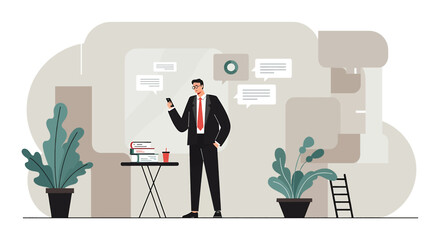 a man in a suit standing in front of a desk with a laptop and a plant