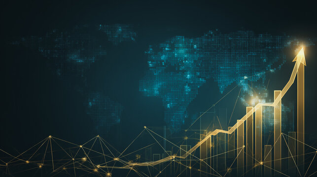finance Abstract black background  uptrend arrow with candlesticks and bar chart show innovation of economy business statistics with Earth network with glowing nodes and triangle polygon linesIt 
