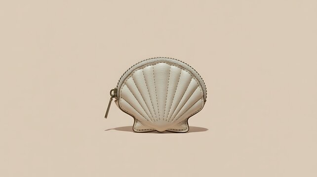 Elegant white leather shell shaped coin purse with gold zipper on a neutral background