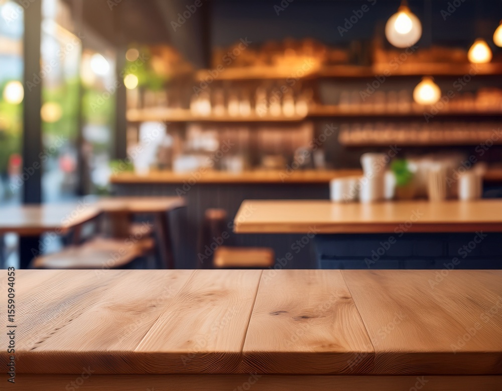 Poster wooden display block on a rustic table with a cozy coffee shop blurred in the background ideal for s