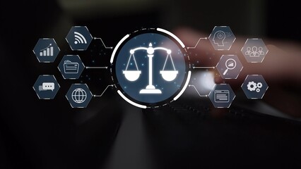 Futuristic digital law interface displaying justice scale, highlighting digital law, AI compliance,...