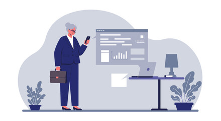 a man in a suit standing next to a desk with a laptop and a phone