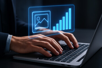 Hands typing on laptop with glowing image icon and bar graph overlay representing digital data analysis