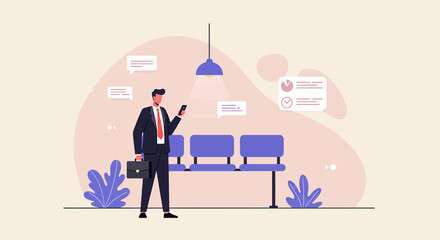 A man in a suit is standing in a waiting area, looking at his phone, with a briefcase in hand. Suitable for landing page, banner, marketing, web design, presentation, infographic, etc.
