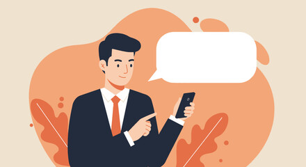 A man in a suit is pointing at a smartphone with a speech bubble above him. Suitable for landing page, banner, marketing, web design, presentation, infographic, etc.