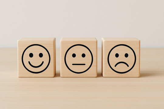 Three wooden blocks displaying happy neutral and sad face emotions in a row on a neutral surface