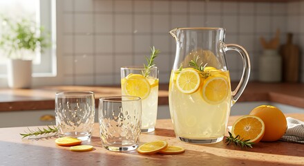 Refreshing lemonade with lemon and orange slices on a kitchen table