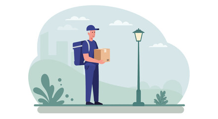 A delivery person, clad in blue attire and a cap, stands on a sidewalk, holding a brown package. Suitable for landing page, banner, marketing, web design, presentation, infographic, etc.