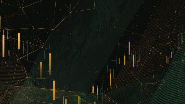 finance Abstract black background  uptrend arrow with candlesticks and bar chart show innovation of economy business statistics with Earth network with glowing nodes and triangle polygon linesIt 