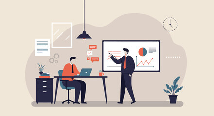 An animated illustration depicts two male colleagues discussing charts and graphs during a business presentation in a modern office space.