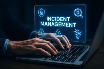 Hands typing on laptop with incident management interface overlayed on the screen in blue light