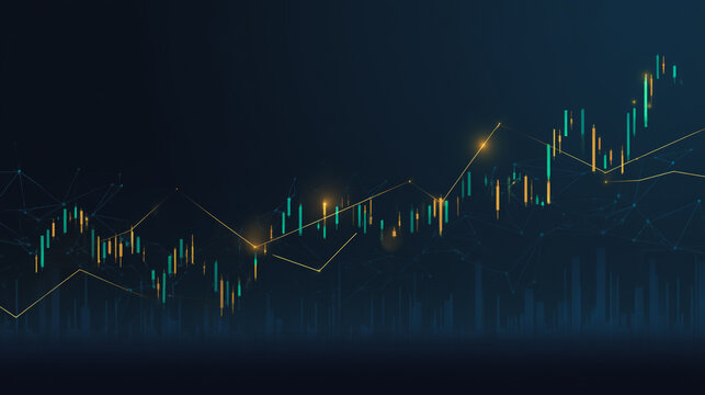 finance Abstract black background  uptrend arrow with candlesticks and bar chart show innovation of economy business statistics with Earth network with glowing nodes and triangle polygon linesIt  - Powered by Adobe