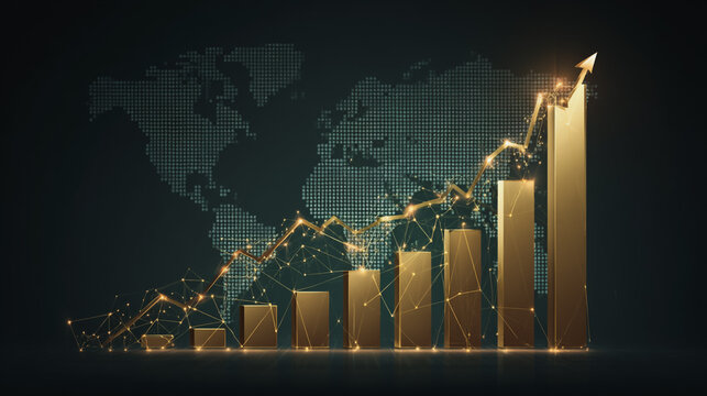 finance Abstract black background  uptrend arrow with candlesticks and bar chart show innovation of economy business statistics with Earth network with glowing nodes and triangle polygon linesIt 