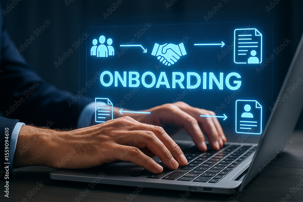 Poster man typing on laptop with onboarding graphic overlay showing team handshake and document icons in bl