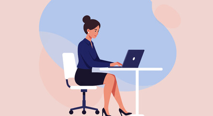 a woman sitting at a desk, working on a laptop computer, with a casual yet professional appearance. Suitable for landing page, banner, marketing, web design, presentation, infographic, etc.