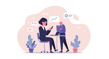 a business scene with two individuals, one seated and one standing, both engaged with their devices. Suitable for landing page, banner, marketing, web design, presentation, infographic, etc.