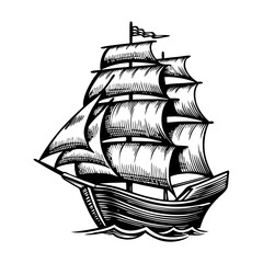 Sailing boat silhouette on white background. Nautical ship illustration with detailed sails and hull. Classic sailing boat graphic for nautical themed designs.