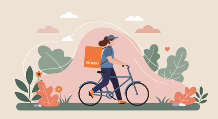 An illustrated delivery person cycles through a park, carrying a package, showcasing a modern and eco-friendly approach to courier services in a natural setting.