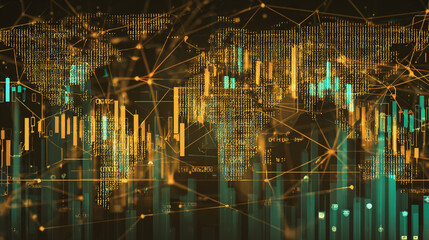  finance Abstract black background uptrend arrow with candlesticks and bar chart show innovation of economy business statistics with Earth network with glowing nodes and triangle polygon linesIt
