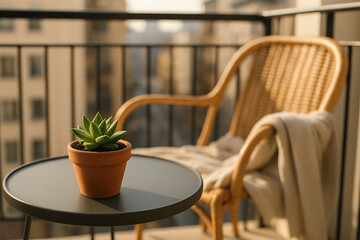 Fototapeta premium Small succulent in terracotta pot on balcony