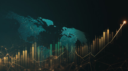 Fototapeta premium finance Abstract black background uptrend arrow with candlesticks and bar chart show innovation of economy business statistics with Earth network with glowing nodes and triangle polygon linesIt