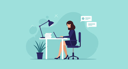 A stylish, illustrated vector image depicts a woman working at her desk on a laptop, with a lamp and plant, symbolizing modern work and digital communication.