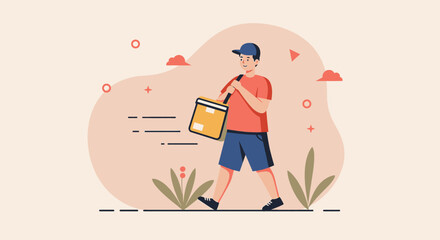 a man in a red shirt and blue cap walking while holding a yellow bag. Suitable for landing page, banner, marketing, web design, presentation, infographic, etc.