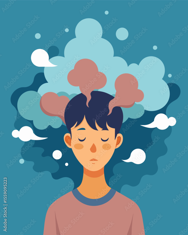 Poster the persons thoughts are enveloped in a dense mental fog preventing them from thinking clearly.. vec