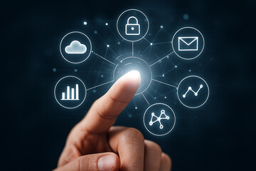 Finger touching digital interface with cloud lock email graph connection and data icons over dark background