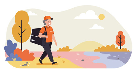 Fototapeta premium A cheerful senior woman is confidently walking and delivering food in a park setting on a sunny day, showcasing a modern and active lifestyle.