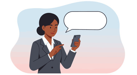 a woman in a business suit holding a smartphone and pointing at it, with a speech bubble above her head. Suitable for landing page, banner, marketing, web design, presentation, infographic, etc.