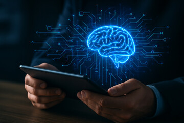 Person using tablet with digital brain and circuit board overlay in a dark environment setting