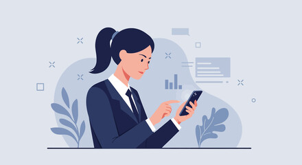 a woman in a suit is looking at her phone