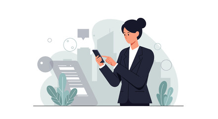 a woman in a business suit using a smartphone, with a cityscape and plants in the background. Suitable for landing page, banner, marketing, web design, presentation, infographic, etc.