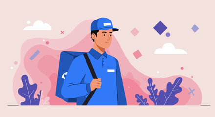 A friendly male delivery person wearing a blue uniform and cap stands ready to provide efficient service with a large insulated bag against an abstract background.
