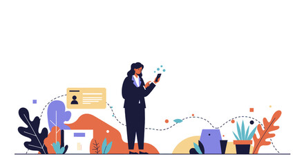 a man in a suit standing on a desk with a phone