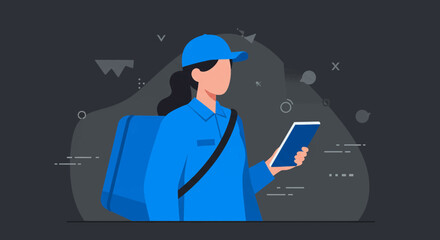 A delivery person in a blue uniform, carrying a bag and a tablet, stands against a dark background, representing modern logistics and efficient service.