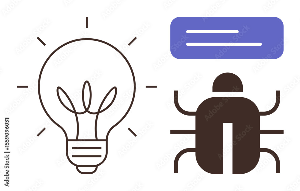 Poster light bulb radiating ideas alongside a bug and comment box symbolizing coding, debugging, creativity