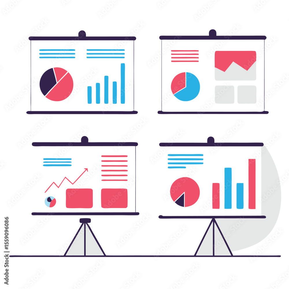 Poster four presentation screens displaying financial charts and graphs