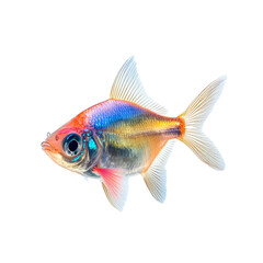 Fototapeta premium A vibrant rainbow fish swims against a black background showing its colorful scales and fins